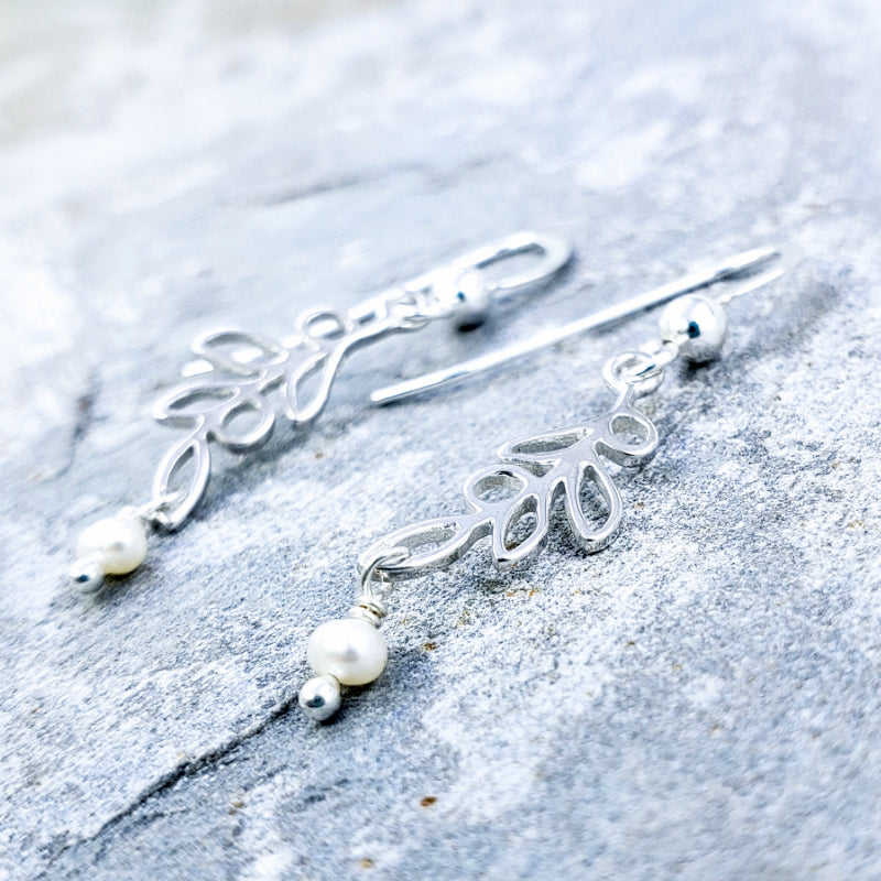 Maile Earrings – Sterling Silver Maile Leaf with White Freshwater Pearls