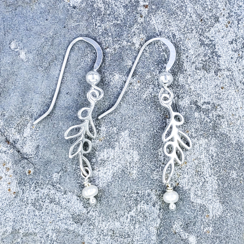 Maile Earrings – Sterling Silver Maile Leaf with White Freshwater Pearls