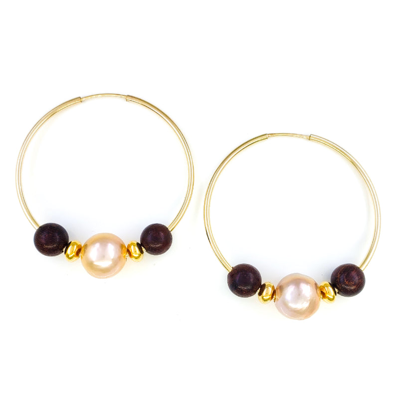 14k Gold Filled Hoop Earrings with 8-9mm Pink Edison Pearls and Monkeypod Wood Beads