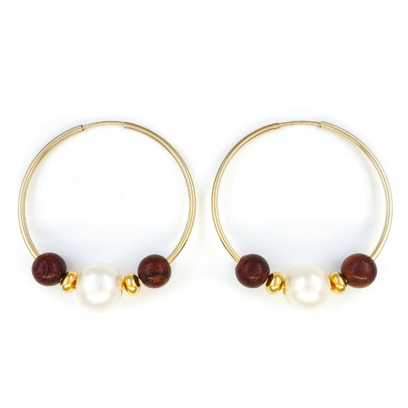 14k Gold Filled Hoop Earrings with 9mm White Edison Pearls and Monkeypod Wood Beads