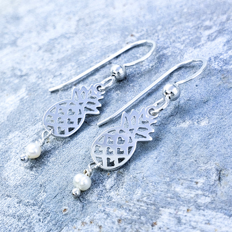 Hali’imaile Earrings – Sterling Silver Pineapple with White Freshwater Pearls