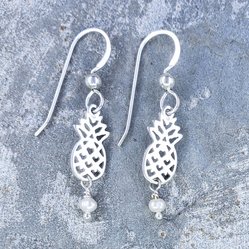 Hali’imaile Earrings – Sterling Silver Pineapple with White Freshwater Pearls