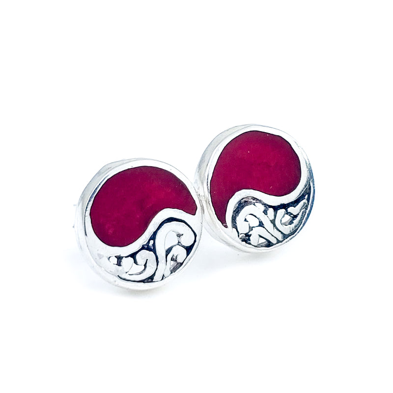 Round Sterling Silver & Red Coral Stud Earrings