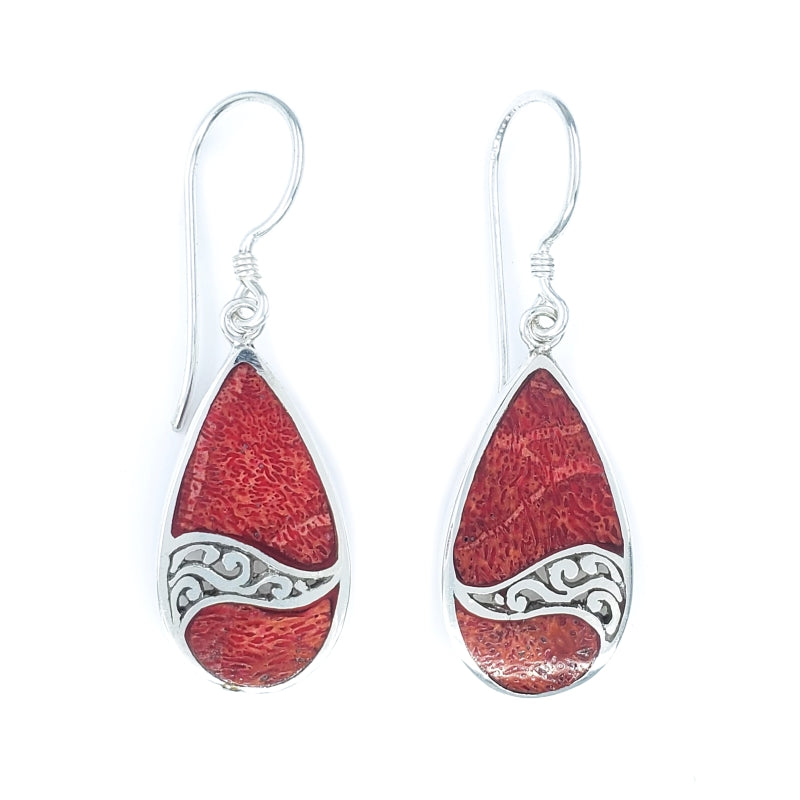 Small Droplet Red Coral Earrings with Filigreed Sterling Silver Waves