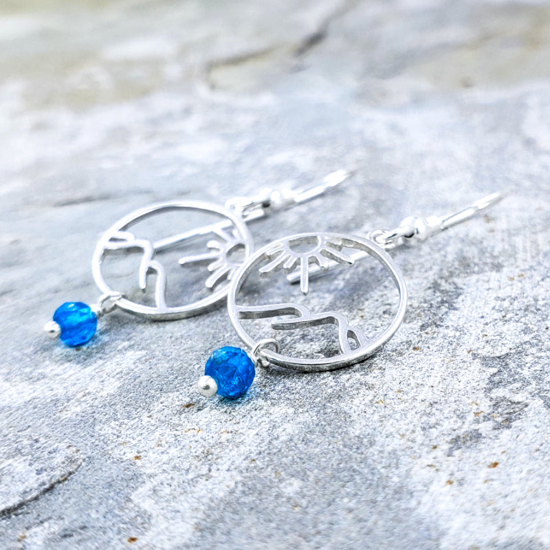 Haleakala Earrings – Sterling Silver Sun & Volcano with Blue Apatite