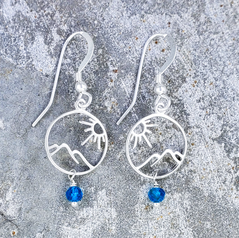 Haleakala Earrings – Sterling Silver Sun & Volcano with Blue Apatite