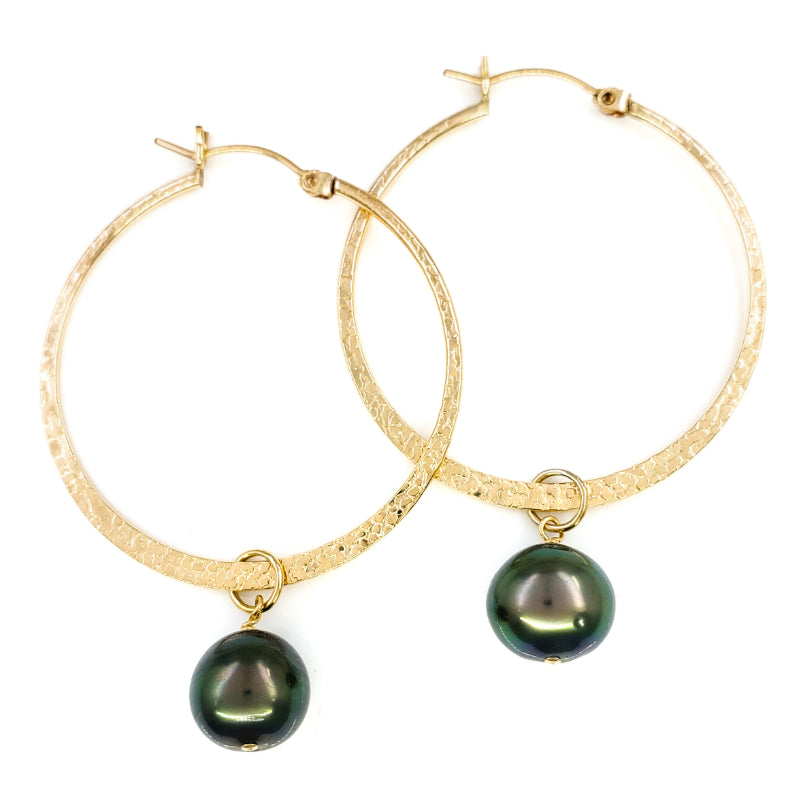 11mm Tahitian Pearls on 1-1/2″ Large Textured Gold Filled Hoop Earrings