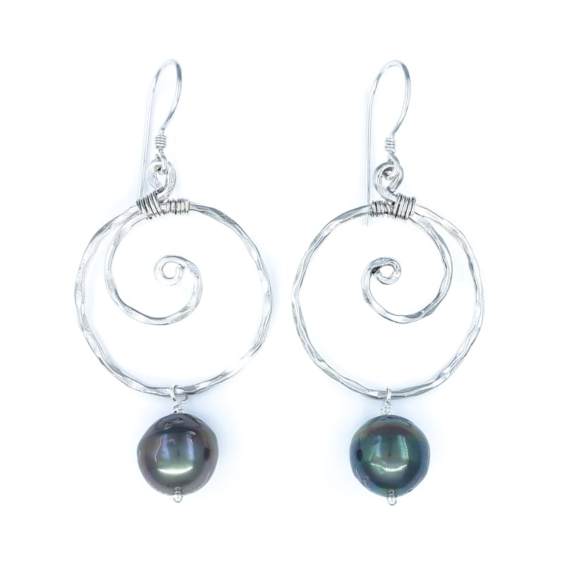 Small Hammered Sterling Silver Wave Earrings with Tahitian Pearls