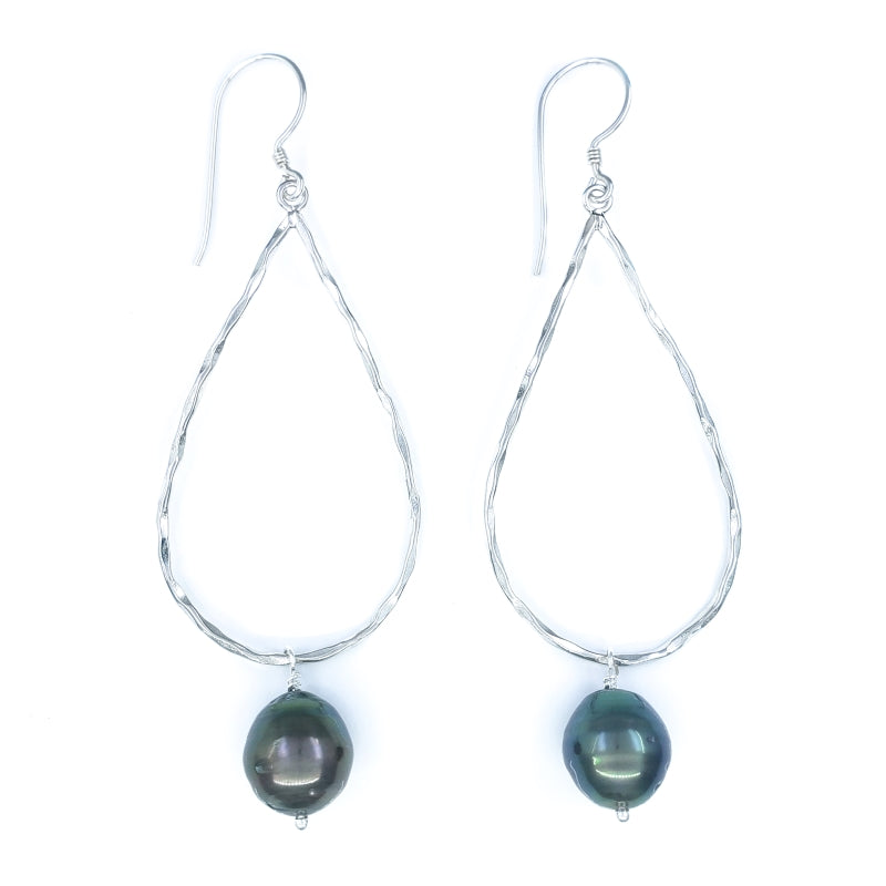 Large Hammered Sterling Silver Drop Earrings with Tahitian Pearls