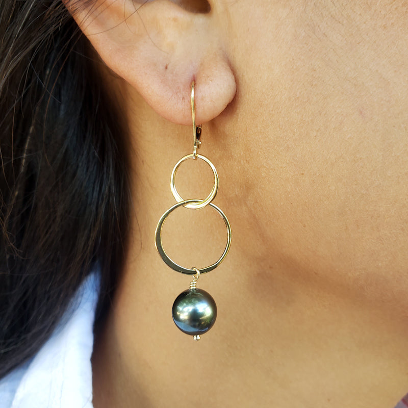 Long Dangly Gold Earrings with Peacock Tahitian Pearls