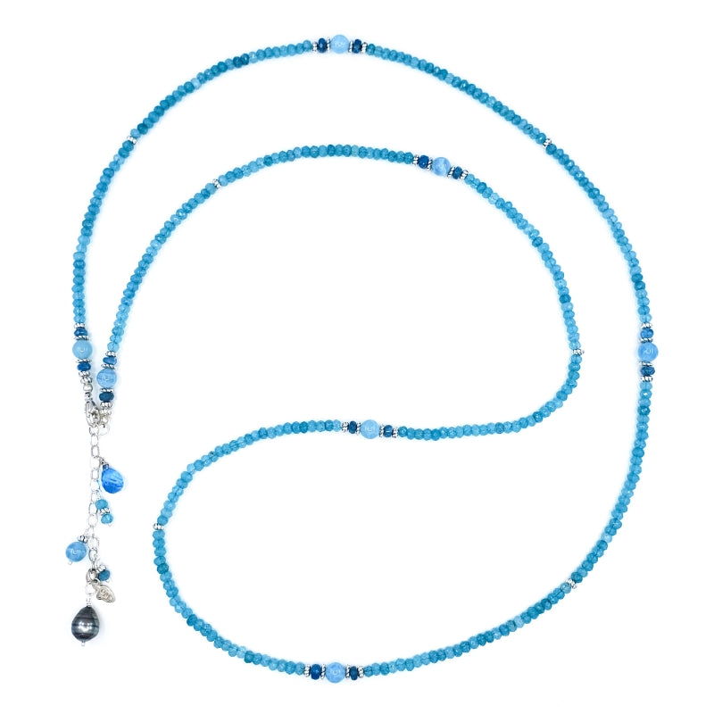 Long Apatite Necklace with Sterling Silver Beads and Tahitian Pearl