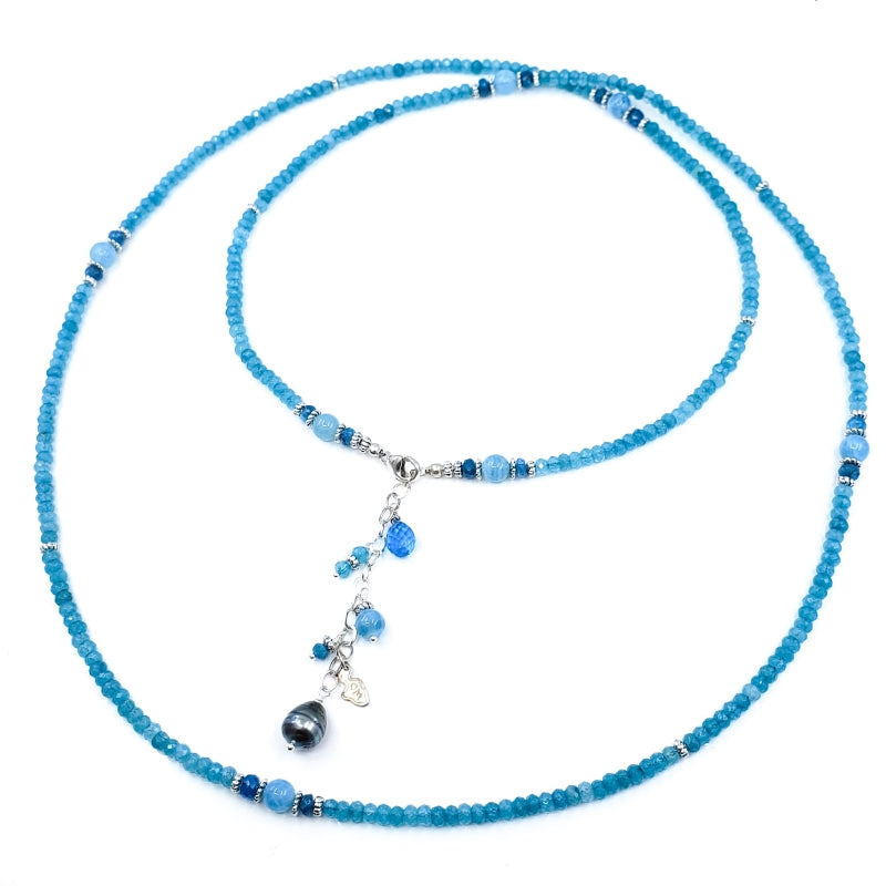 Long Apatite Necklace with Sterling Silver Beads and Tahitian Pearl