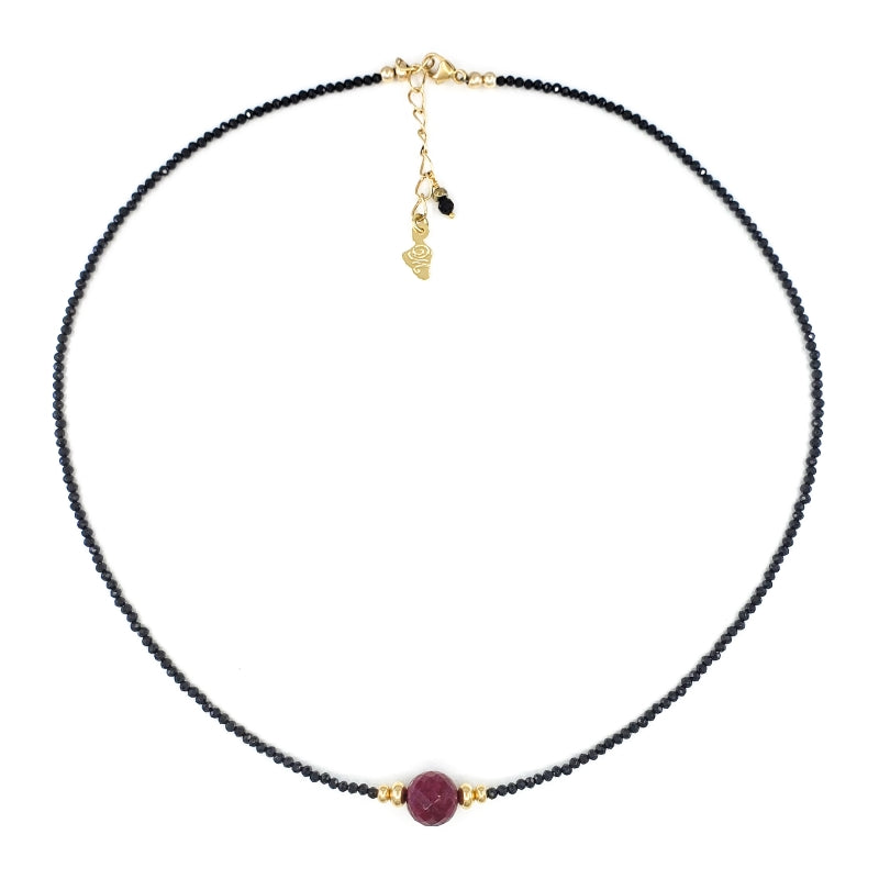 Black Spinel Necklace with 8mm Faceted Ruby Bead