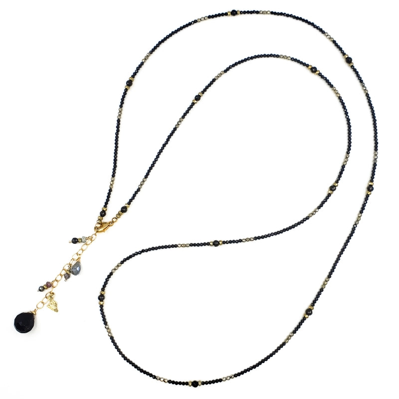 Long Black Spinel Necklace with Pyrite