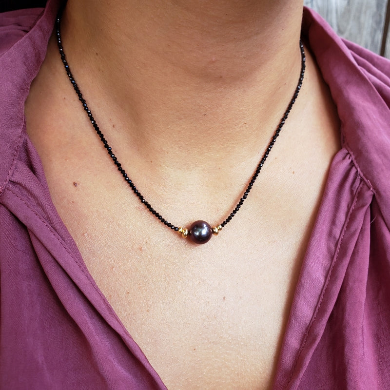 Black Spinel Necklace with 10mm Dark Freshwater Pearl