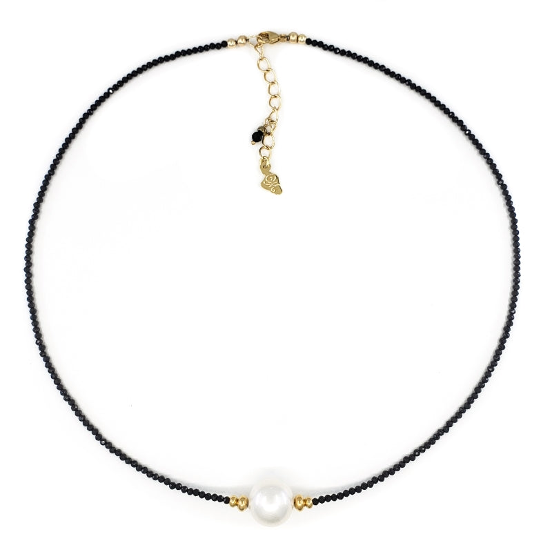 Black Spinel Necklace with 11mm White Freshwater Pearl