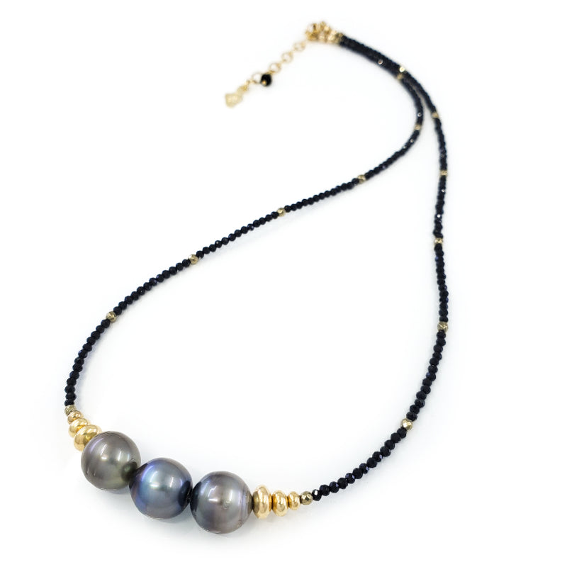 Black Spinel Gold Necklace with 3 Tahitian Pearls