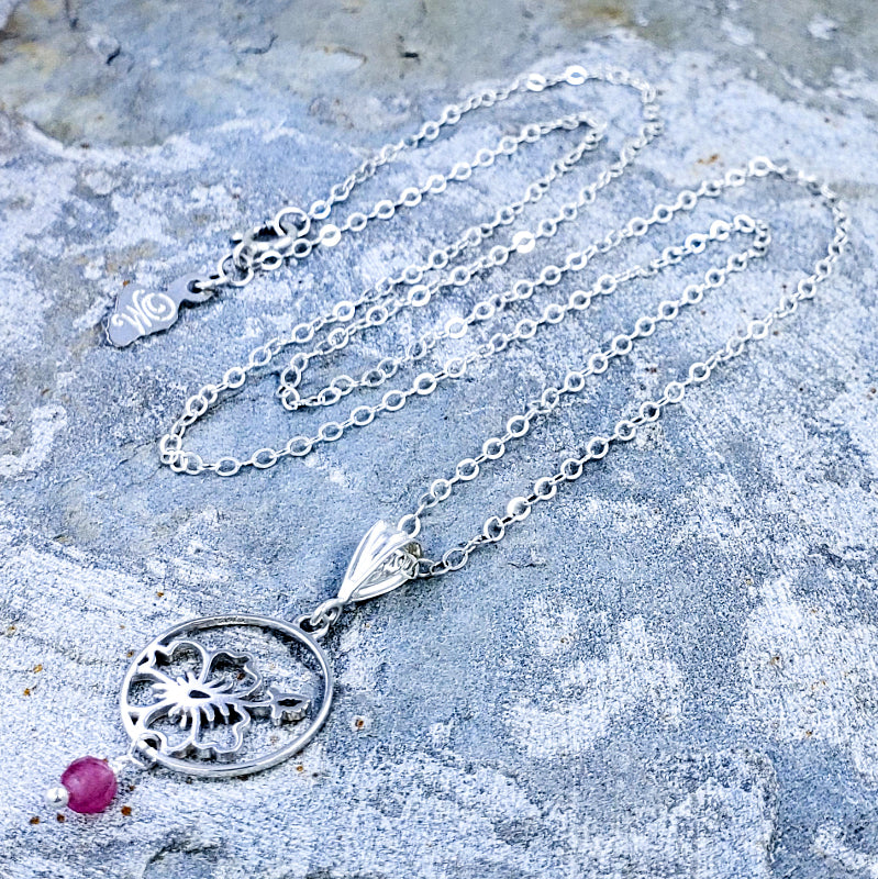 Wailea Necklace – Silver Hibiscus with Pink Tourmaline on 16”, 18” or 20” Sterling Silver Chain