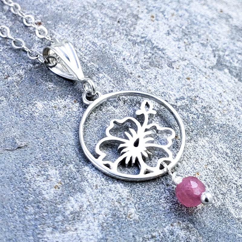 Wailea Necklace – Silver Hibiscus with Pink Tourmaline on 16”, 18” or 20” Sterling Silver Chain