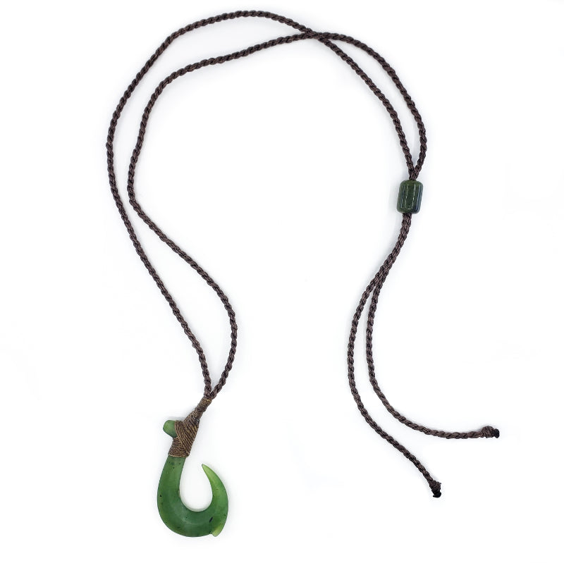 Jade Fish Hook Necklace with Adjustable Jade Bead on Hand Braided Brown Cord