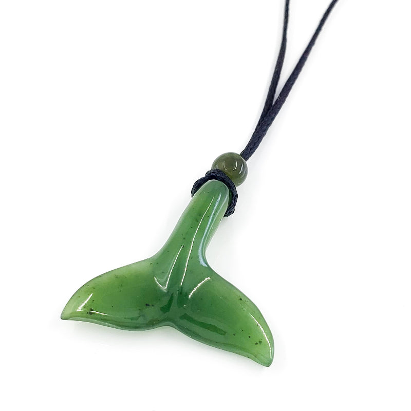 Jade Whale Tail Necklace with Adjustable Jade Beads on Black Nylon Cord