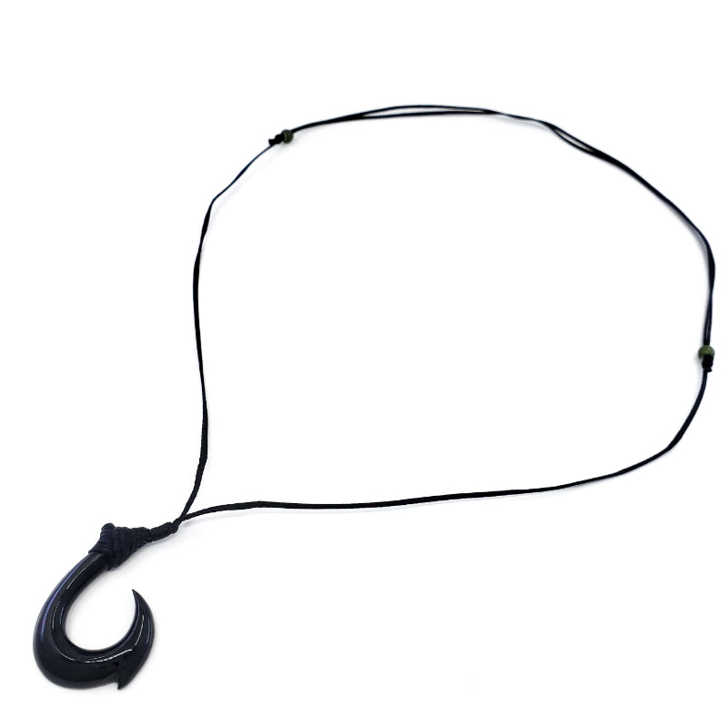 Black Jade Fish Hook Necklace with Adjustable Jade Beads on Black Nylon Cord