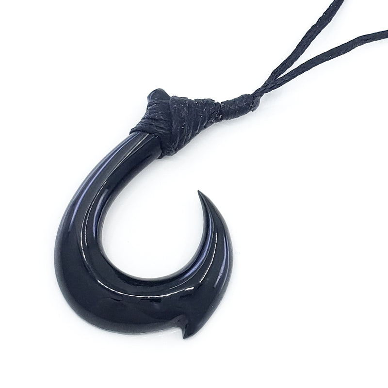 Black Jade Fish Hook Necklace with Adjustable Jade Beads on Black Nylon Cord