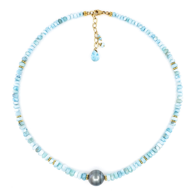 Larimar Necklace with 12mm Tahitian Pearl