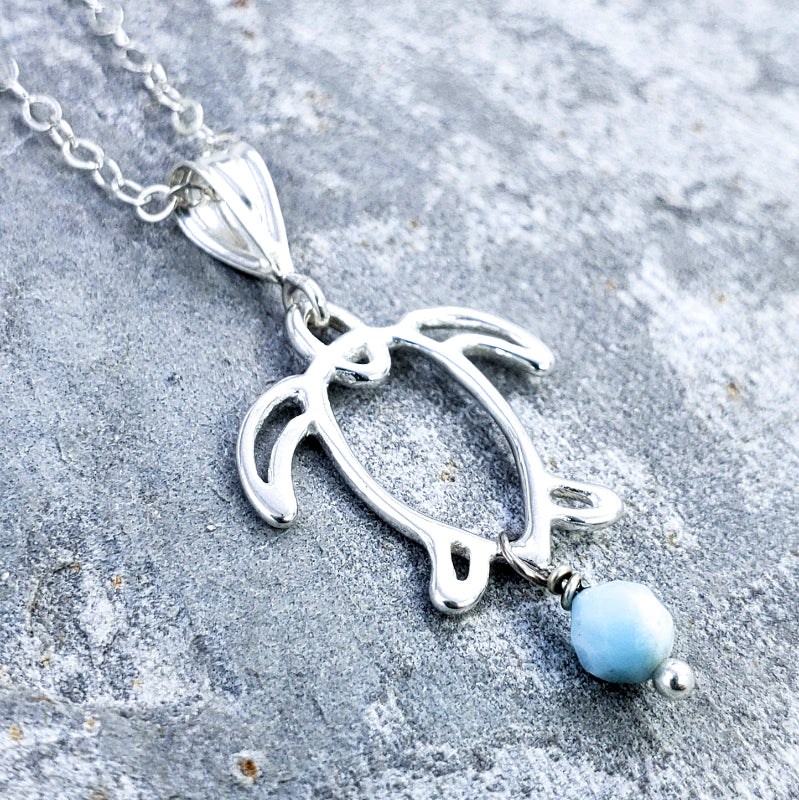 Honu Necklace – Sterling Silver Turtle with Larimar on 16”, 18” or 20” Sterling Silver Chain