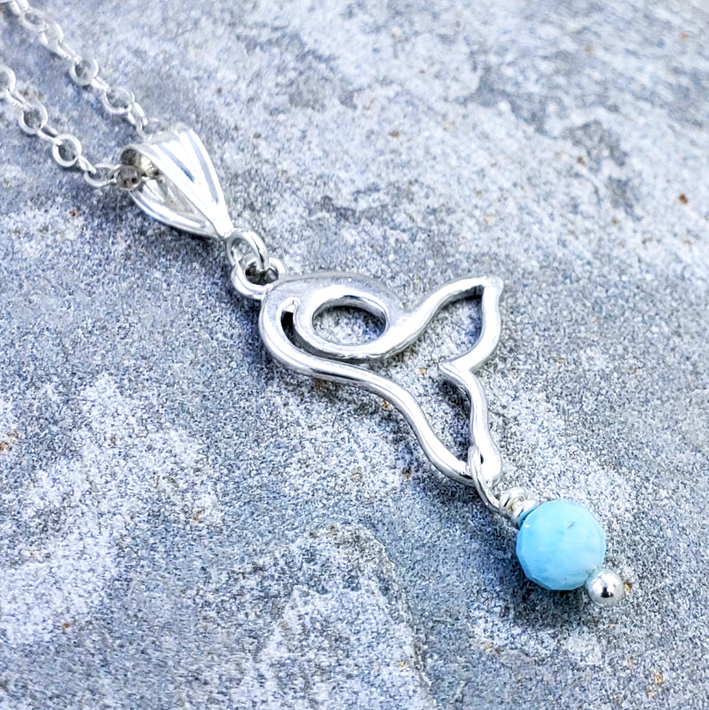 Ma’alaea Necklace – Sterling Silver Whale Tail with Larimar on 16”, 18” or 20” Sterling Silver Chain