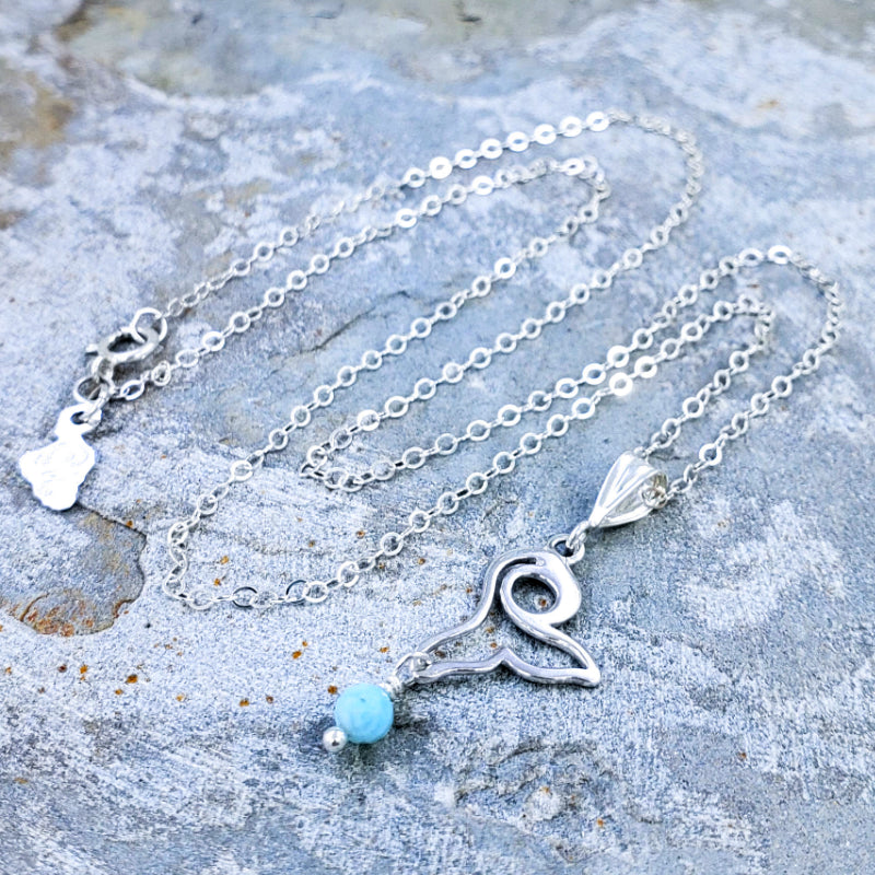 Ma’alaea Necklace – Sterling Silver Whale Tail with Larimar on 16”, 18” or 20” Sterling Silver Chain