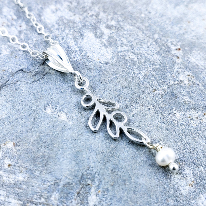 Maile Necklace – Sterling Silver Maile Leaf with White Freshwater Pearl on 16”, 18” or 20” Sterling Silver Chain