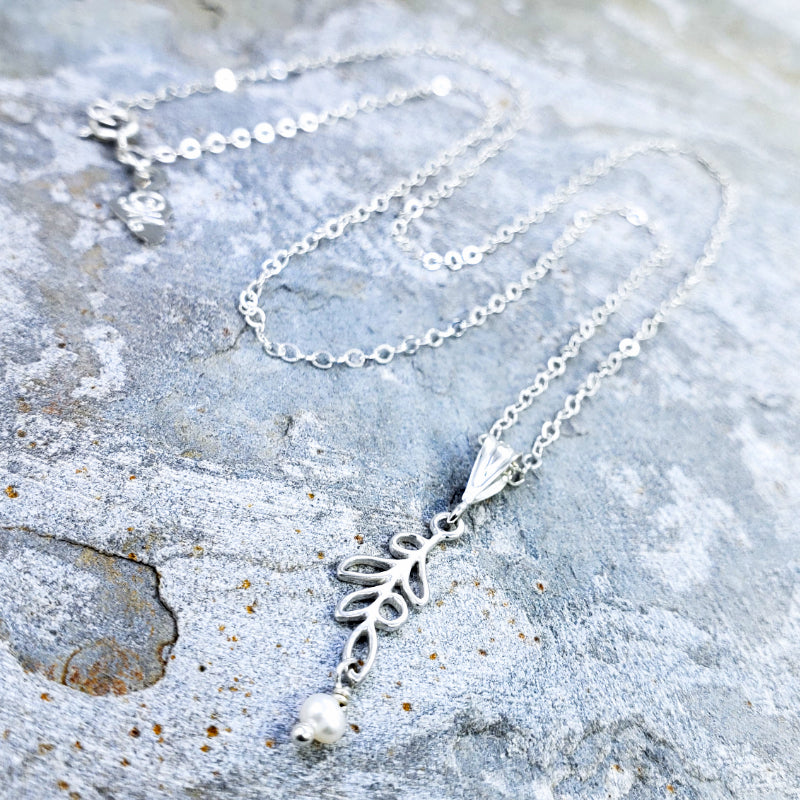 Maile Necklace – Sterling Silver Maile Leaf with White Freshwater Pearl on 16”, 18” or 20” Sterling Silver Chain