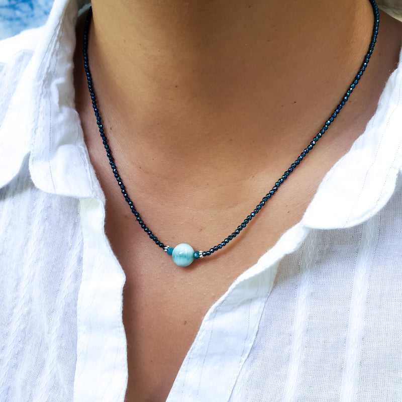 Blue Hematite & Sterling Silver Necklace with 10mm Larimar Bead and Apatite