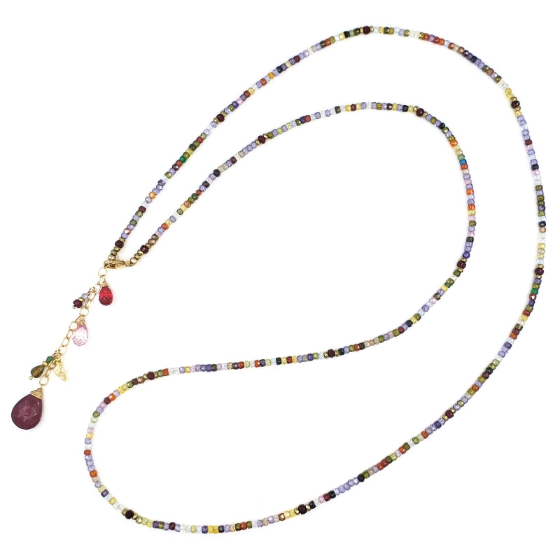 Long Multi Gemstones Necklace with Ruby