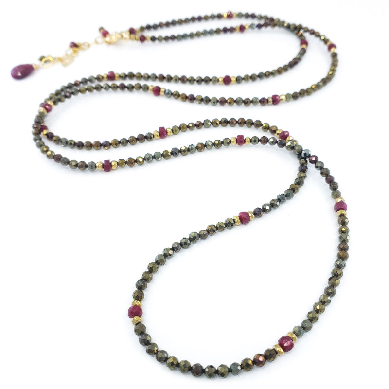 Long Mystic Pyrite Gold Necklace with Rubies