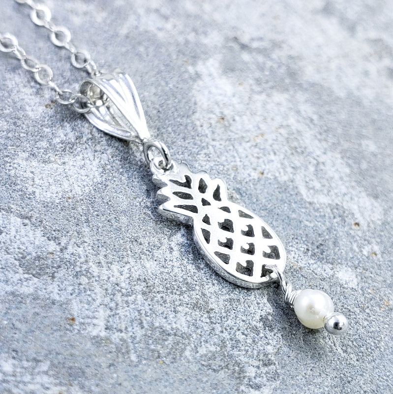 Hali’imaile Necklace – Sterling Silver Pineapple with White Freshwater Pearl on 16”, 18” or 20” Sterling Silver Chain