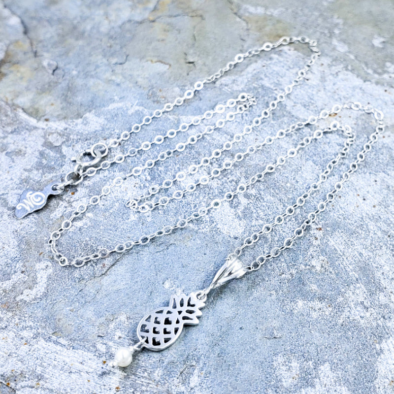 Hali’imaile Necklace – Sterling Silver Pineapple with White Freshwater Pearl on 16”, 18” or 20” Sterling Silver Chain