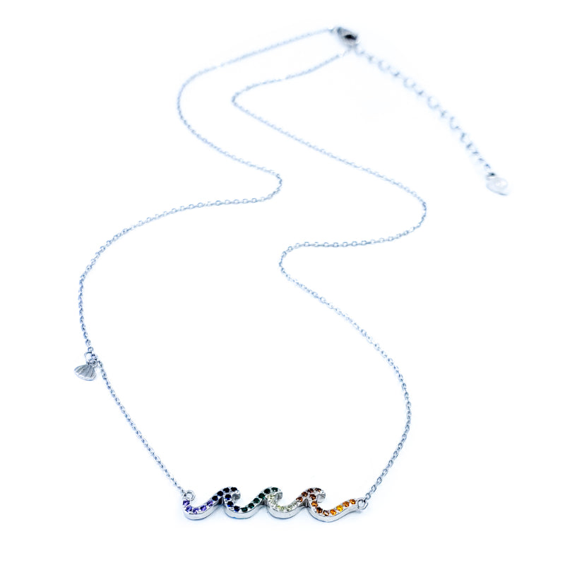 Sterling Silver Necklace with 3 Rainbow Cubic Zirconia Waves