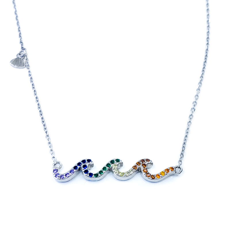 Sterling Silver Necklace with 3 Rainbow Cubic Zirconia Waves