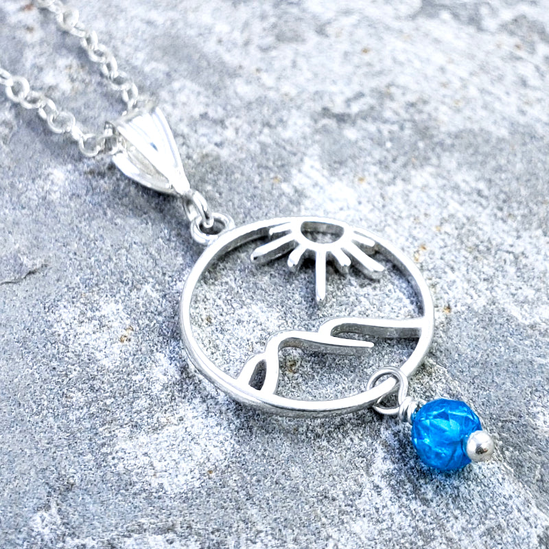 Haleakala Necklace – Sterling Silver Sun & Volcano with Blue Apatite on 16”, 18” or 20” Sterling Silver Chain