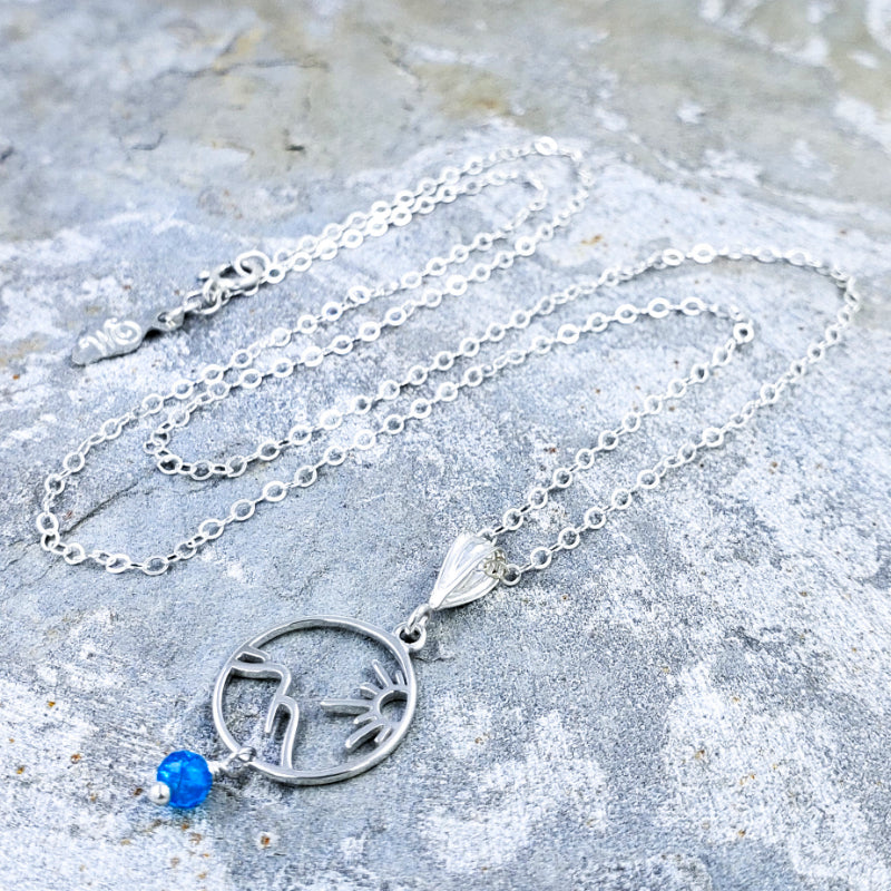 Haleakala Necklace – Sterling Silver Sun & Volcano with Blue Apatite on 16”, 18” or 20” Sterling Silver Chain