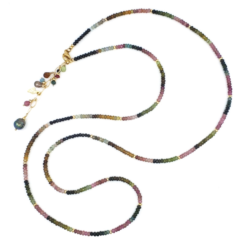 Long Tourmaline Gold Necklace with Tahitian Pearl