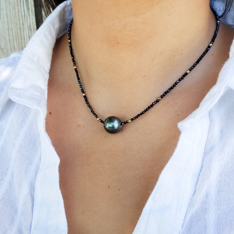 Black Spinel Necklace with 12mm Tahitian Pearl