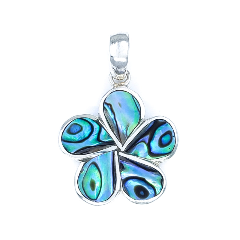 Fancy Abalone Shell Plumeria & Sterling Silver Flower Pendant