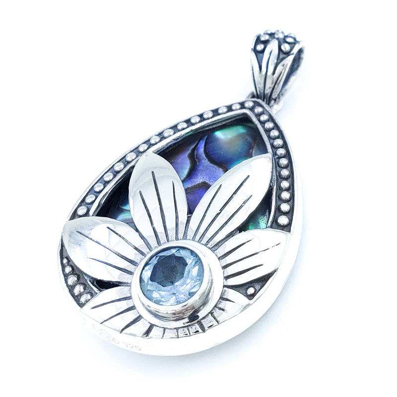 Sterling Silver & Abalone Shell Pendant with Blue Topaz