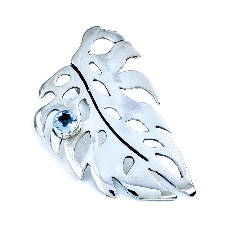 Small Sterling Silver & Blue Topaz Monstera Leaf Pendant