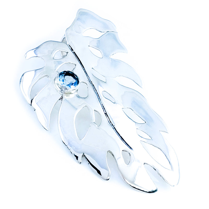 Large Sterling Silver & Blue Topaz Monstera Leaf Pendant