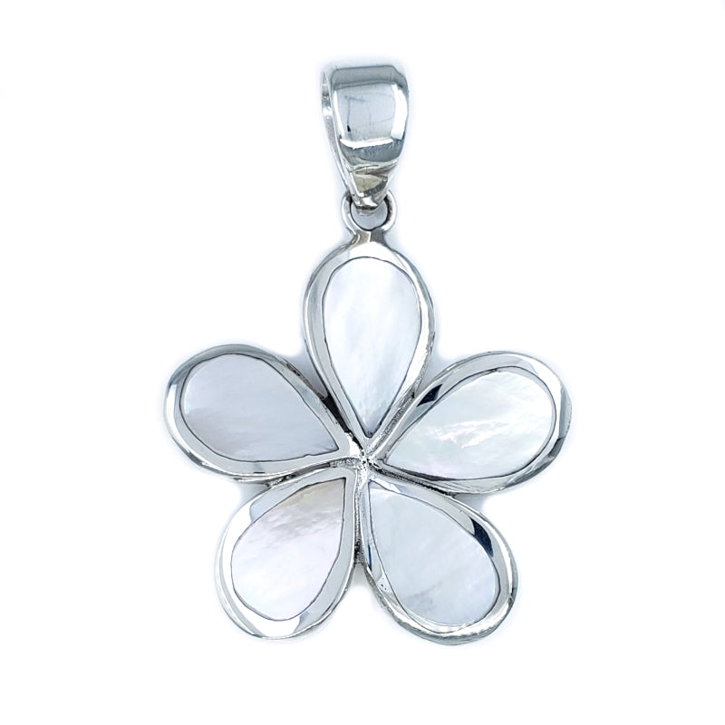 Fancy White Mother of Pearl & Sterling Silver Plumeria Flower Pendant