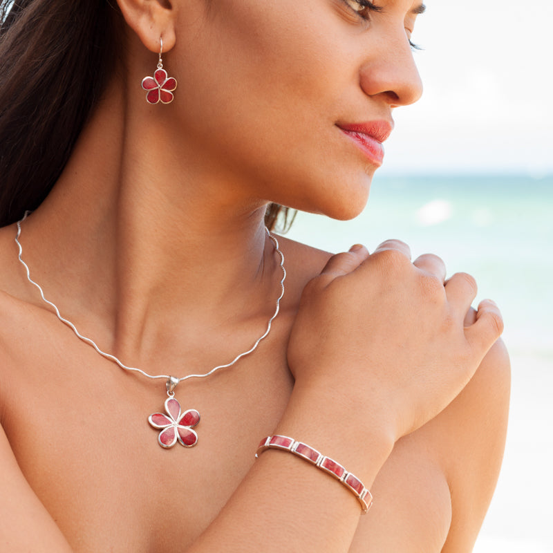 Fancy Red Coral & Sterling Silver Plumeria Flower Pendant